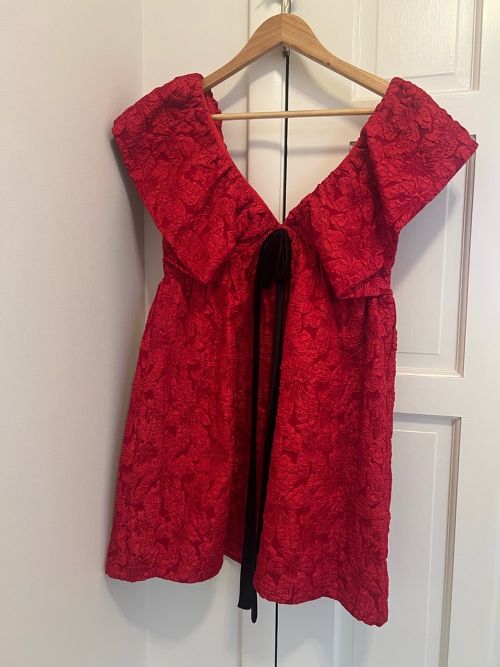 Sugarlips Red Textured Off-Shoulder Mini Dress with Black Tie